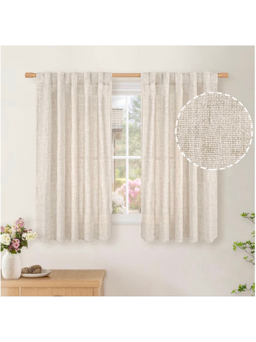 NEW Short Flax Faux Linen Curtains 42x45” Length Windows Light Filtering